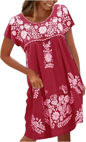 Women's Dresses Summer Casual Loose Printed Dress 2024 Swing Round Neck Short Sleeve Dresses Plus Size, S-5XL