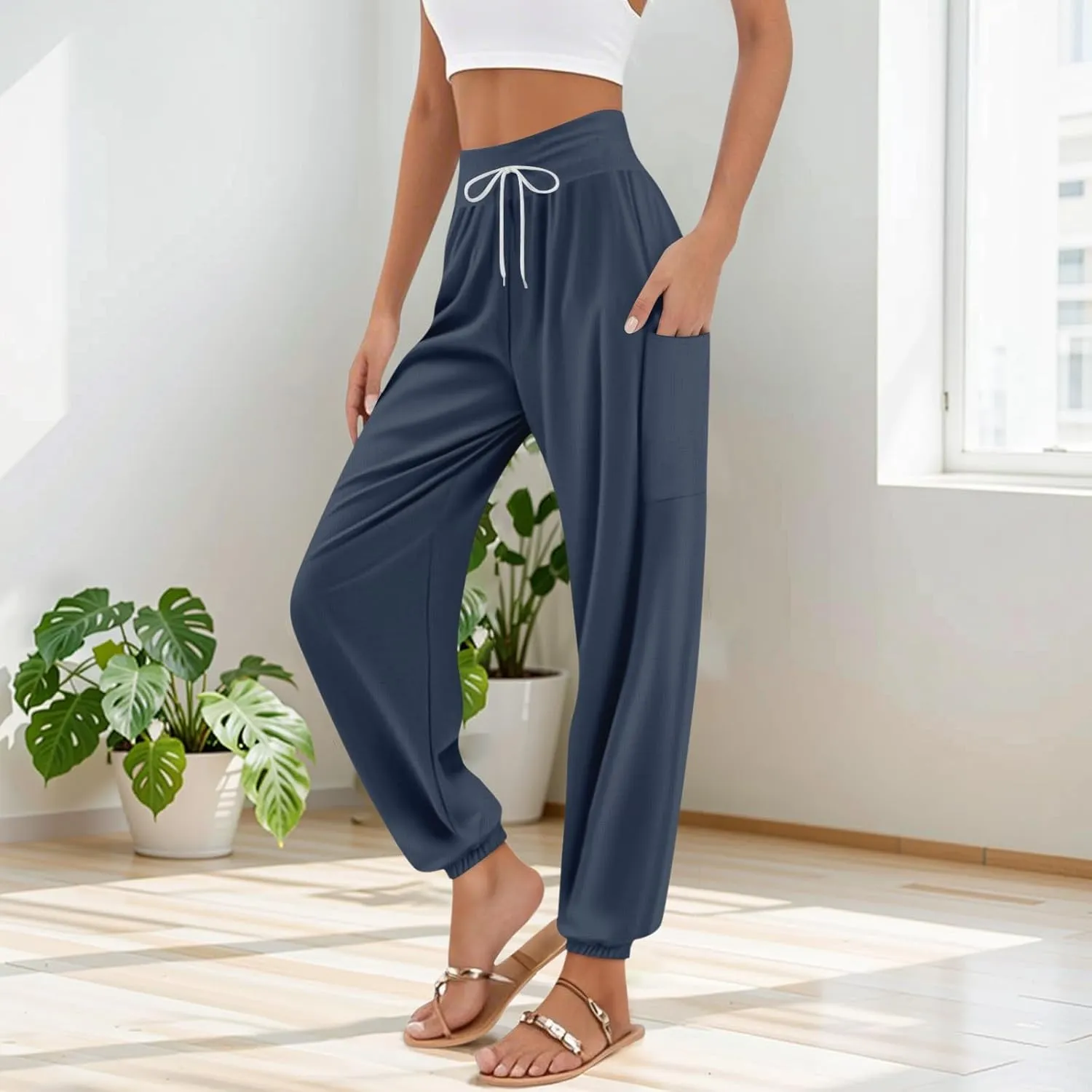 Women's Harem Pants, Hippie Palazzo Pants Boho Joggers High Waist Drawstring Trousers Flowy Clothes Pant with Pockets A1