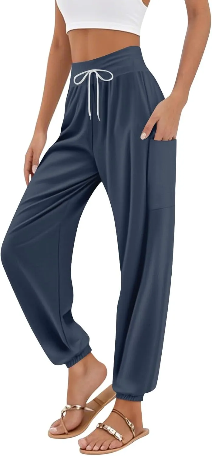 Women's Harem Pants, Hippie Palazzo Pants Boho Joggers High Waist Drawstring Trousers Flowy Clothes Pant with Pockets A1