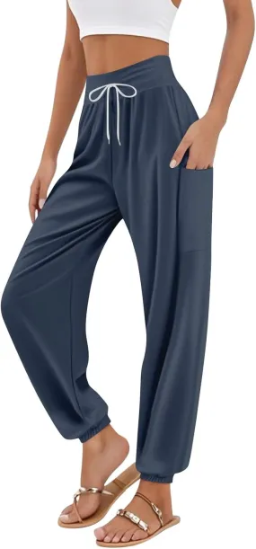 Women's Harem Pants, Hippie Palazzo Pants Boho Joggers High Waist Drawstring Trousers Flowy Clothes Pant with Pockets A1
