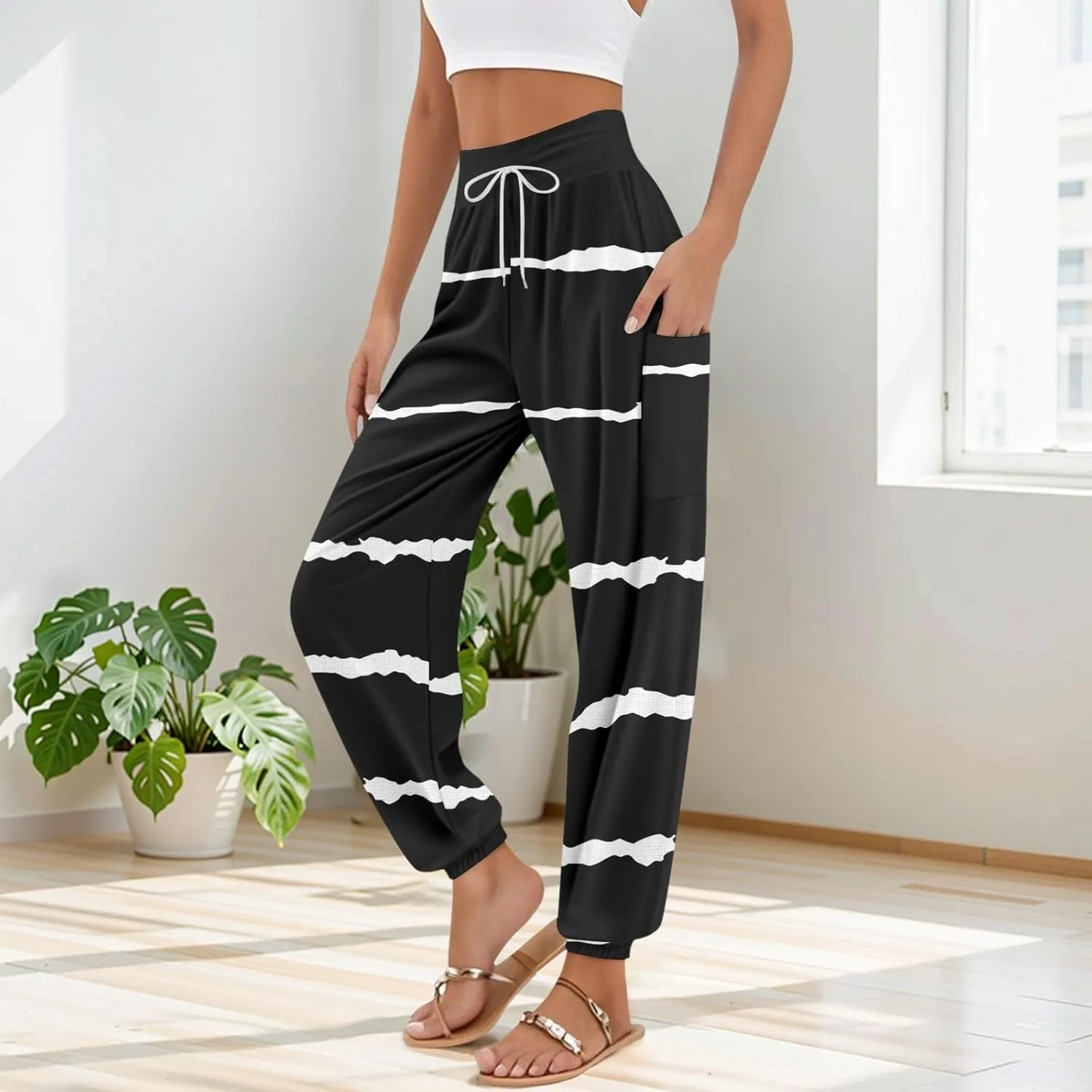 Women's Harem Pants, Hippie Palazzo Pants Boho Joggers High Waist Drawstring Trousers Flowy Clothes Pant with Pockets E0