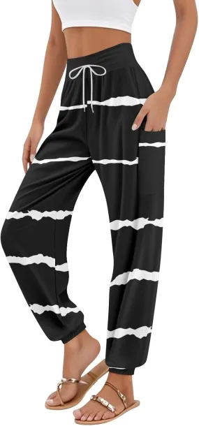 Women's Harem Pants, Hippie Palazzo Pants Boho Joggers High Waist Drawstring Trousers Flowy Clothes Pant with Pockets E0