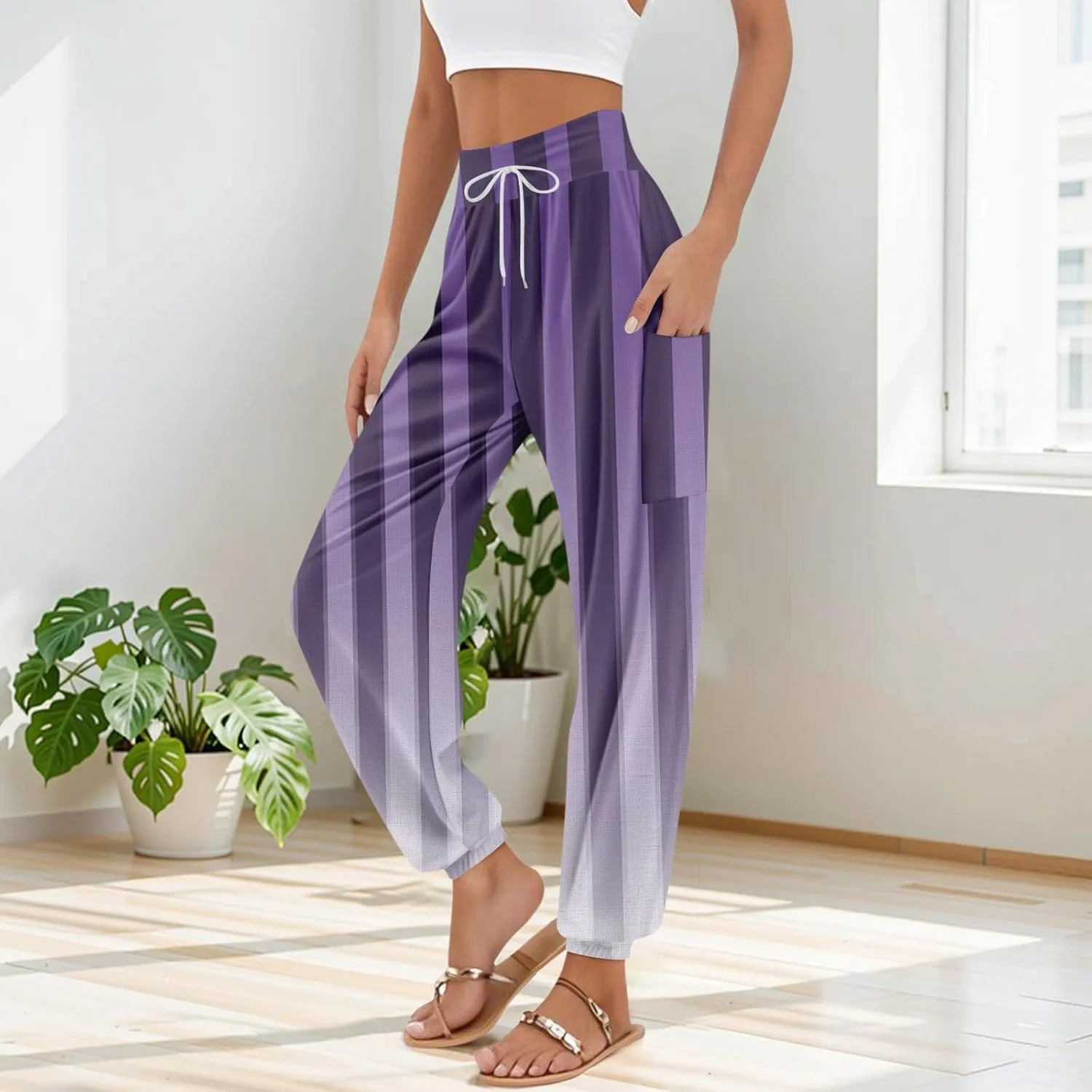 Women's Harem Pants, Hippie Palazzo Pants Boho Joggers High Waist Drawstring Trousers Flowy Clothes Pant with Pockets E0