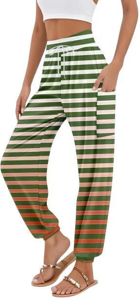 Women's Harem Pants, Hippie Palazzo Pants Boho Joggers High Waist Drawstring Trousers Flowy Clothes Pant with Pockets E0