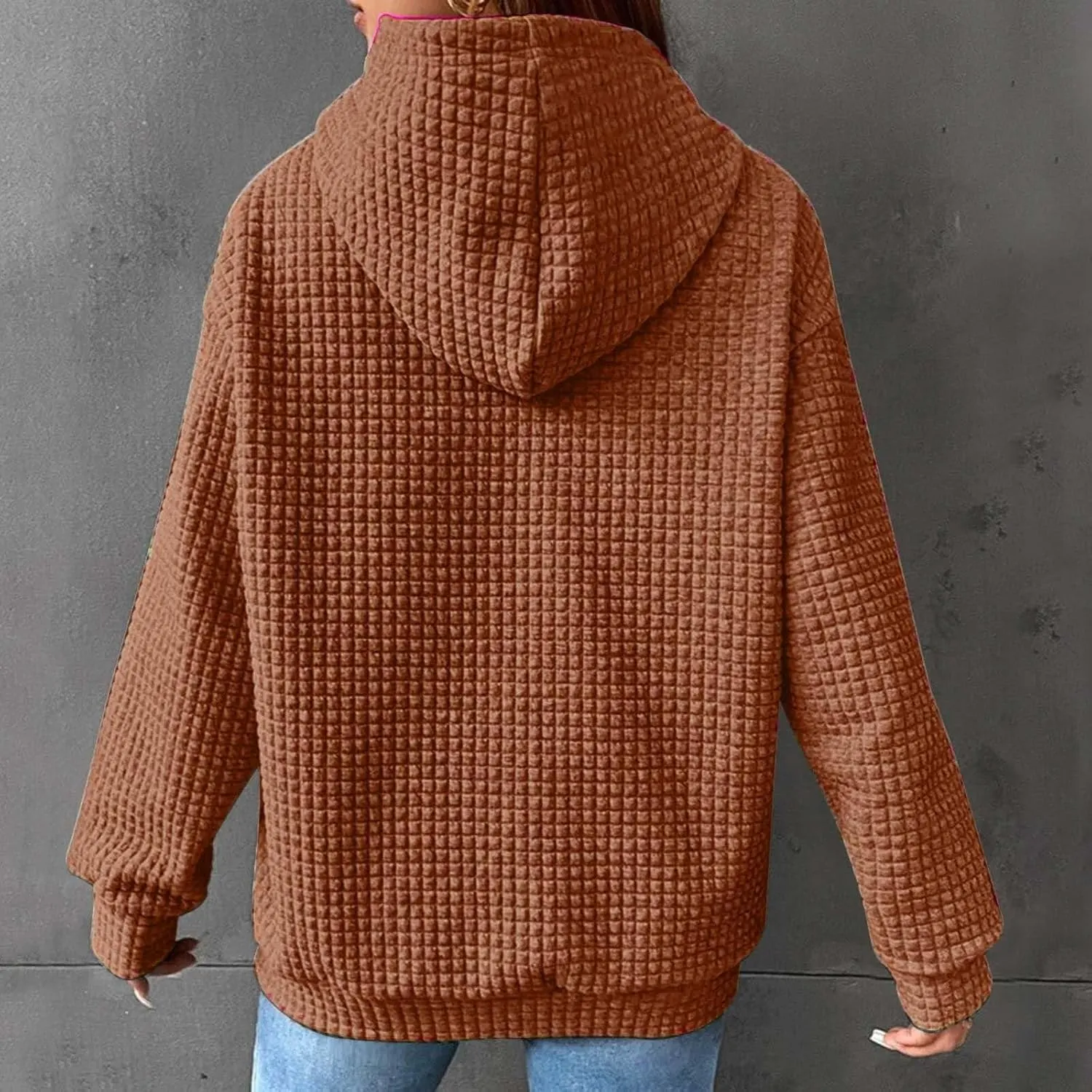 Womens Hoodies Casual Long Sleeve Drawstring Waffle Pullover Tops Loose Hooded Sweatshirt with Pocket