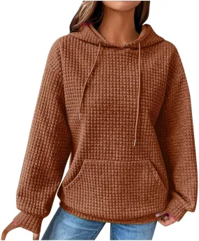 Womens Hoodies Casual Long Sleeve Drawstring Waffle Pullover Tops Loose Hooded Sweatshirt with Pocket