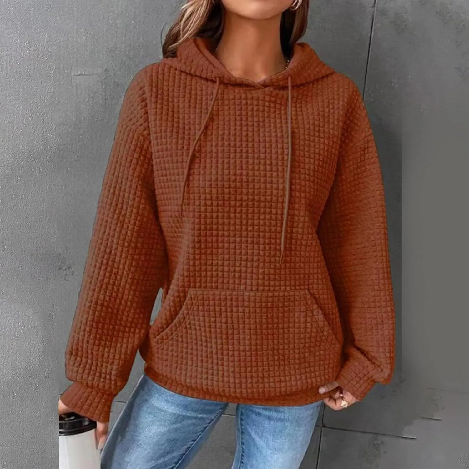 Womens Hoodies Casual Long Sleeve Drawstring Waffle Pullover Tops Loose Hooded Sweatshirt with Pocket