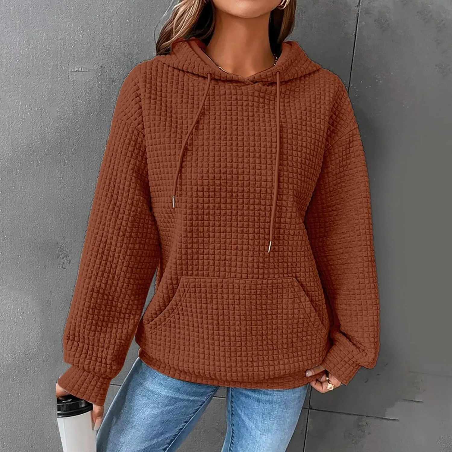 Womens Hoodies Casual Long Sleeve Drawstring Waffle Pullover Tops Loose Hooded Sweatshirt with Pocket