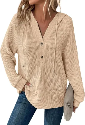 Womens Hoodies Hoodies for Women Waffle Knit Drawstring Button V Neck Long Sleeve Casual Pullover Sweatshirt Hooded Tops