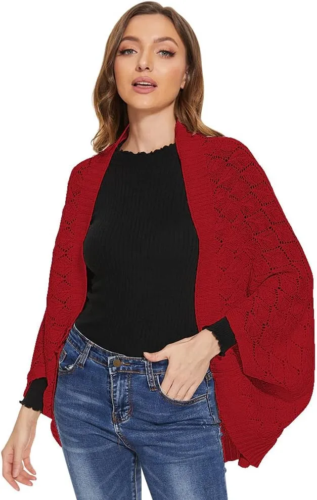 Women's Kimono Batwing Cable Knitted Slouchy Oversized Wrap Cardigan Shawl Sweater