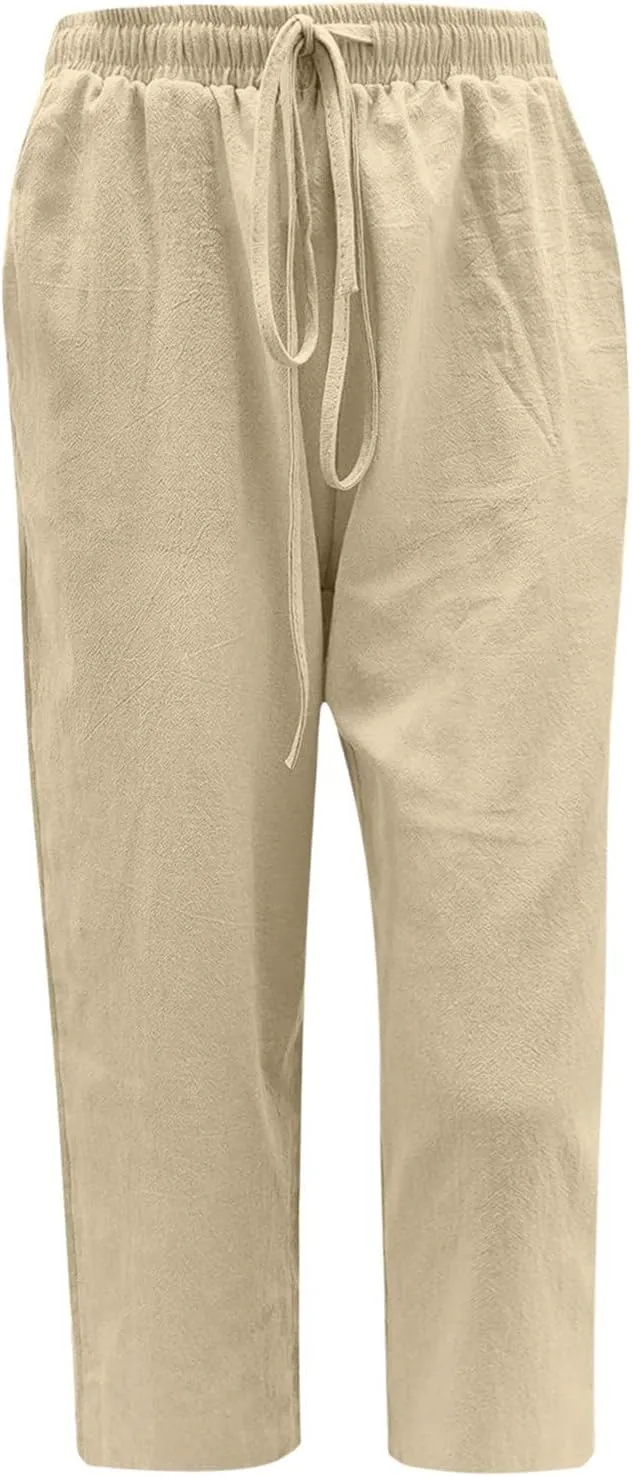 Womens Linen Capri Pants Dressy Casual Summer Wide Leg Capris Resort Wear Beach Vacation Lounge Trousers Pants