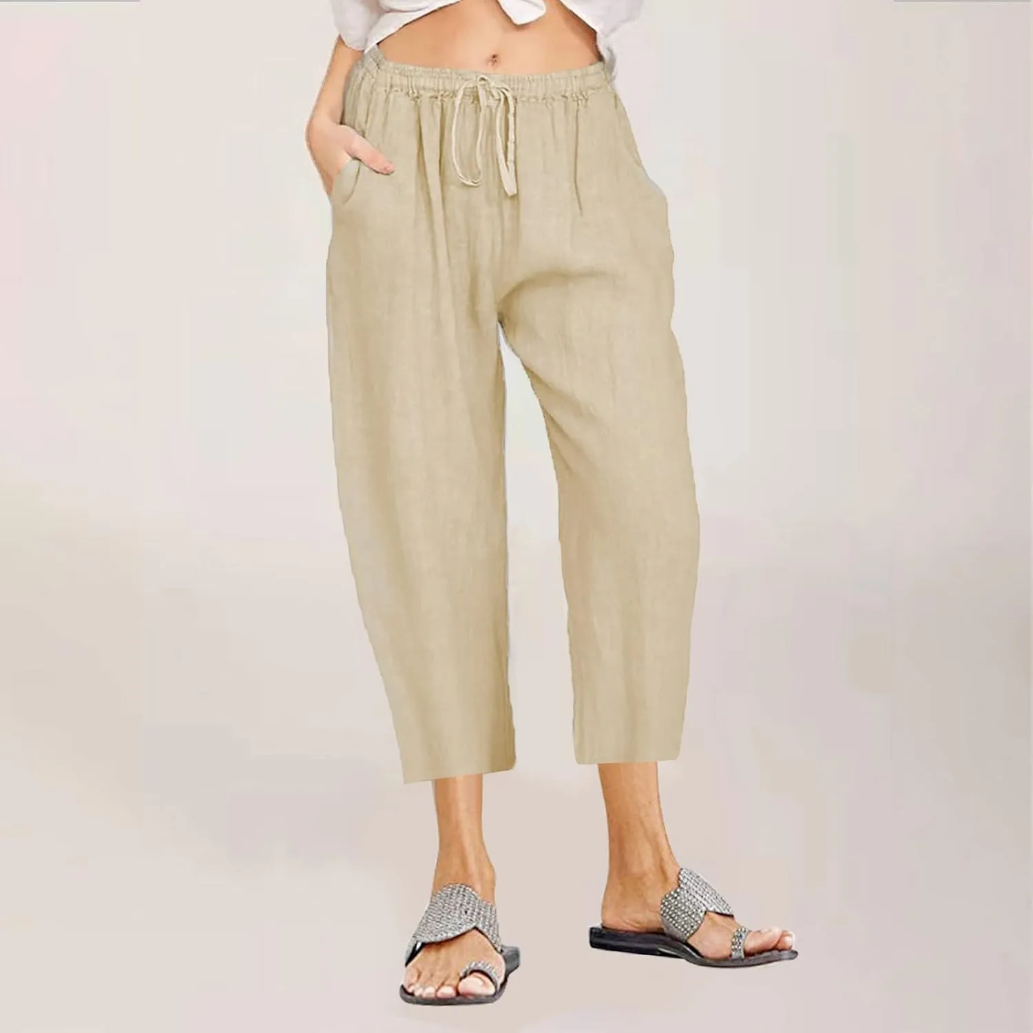 Womens Linen Capri Pants Dressy Casual Summer Wide Leg Capris Resort Wear Beach Vacation Lounge Trousers Pants