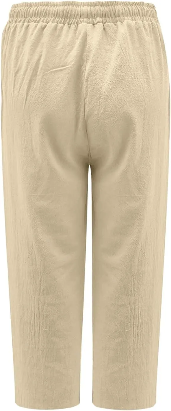 Womens Linen Capri Pants Dressy Casual Summer Wide Leg Capris Resort Wear Beach Vacation Lounge Trousers Pants