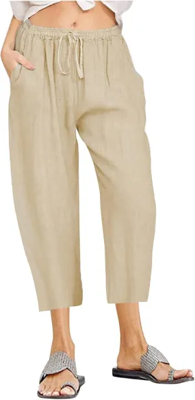 Womens Linen Capri Pants Dressy Casual Summer Wide Leg Capris Resort Wear Beach Vacation Lounge Trousers Pants