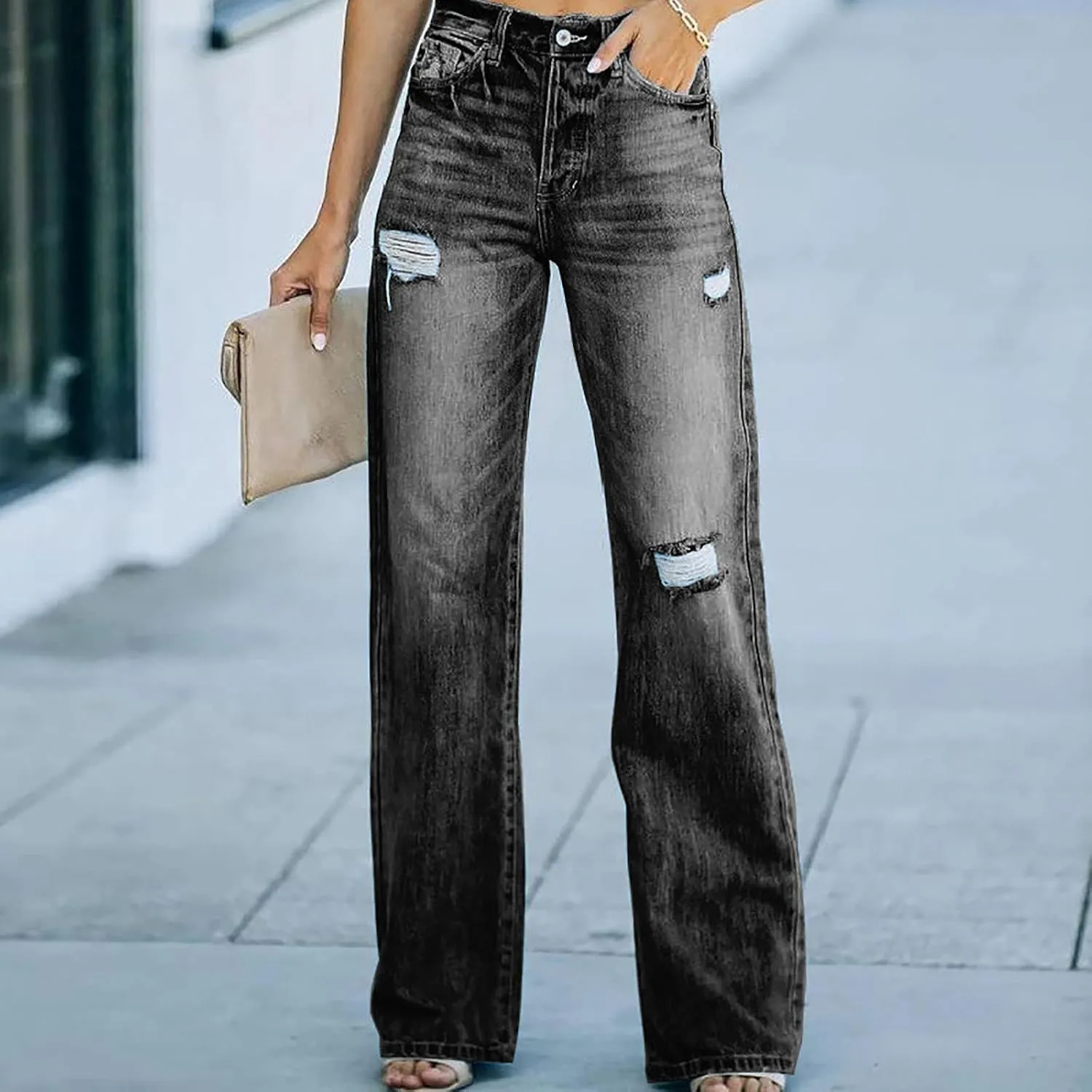 Women's Ripped Jeans High Waist Relaxed Fit Jeans Distressed Wide Leg Denim Pants Loose Boyfriends Baggy Trouser