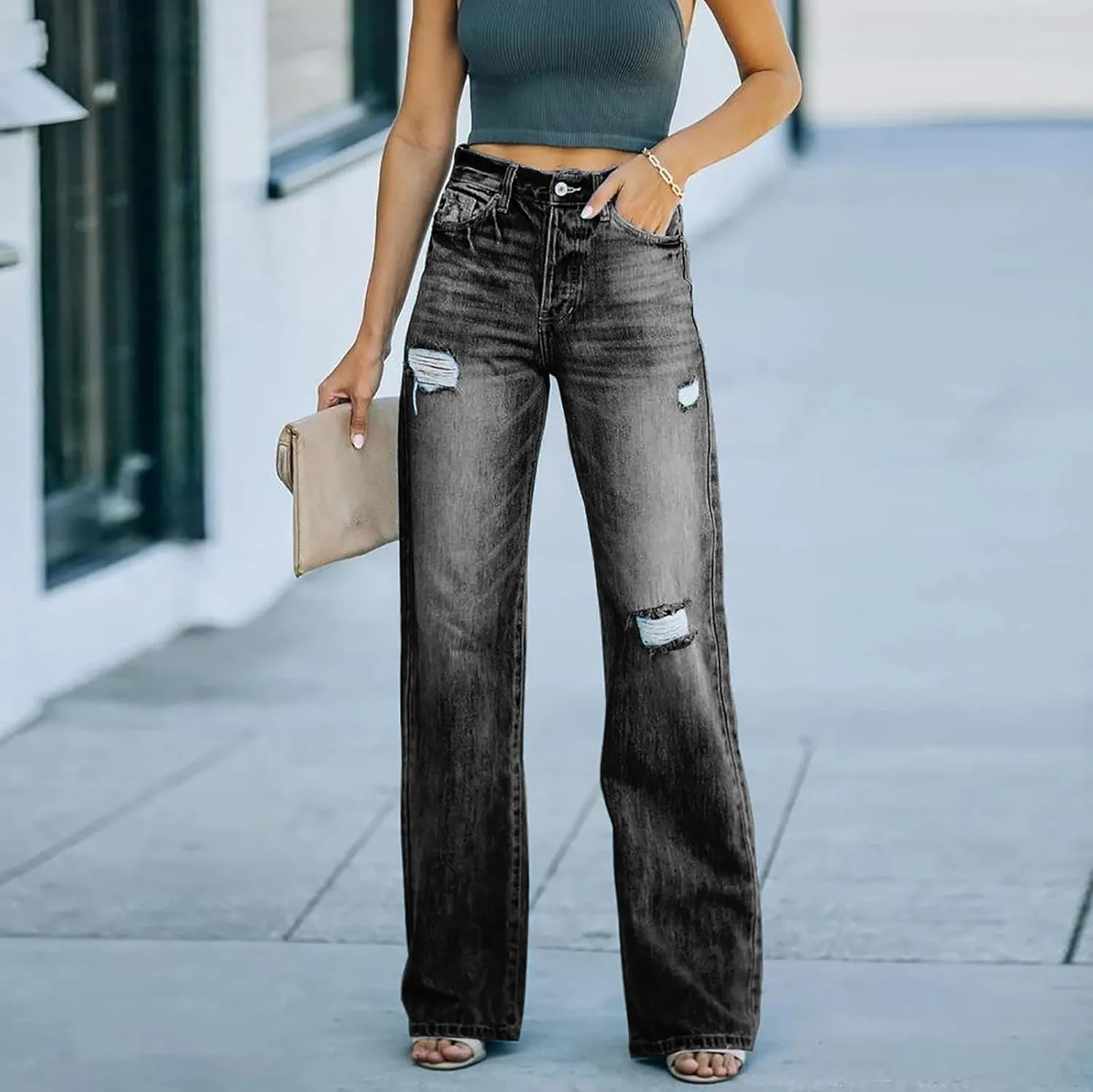 Women's Ripped Jeans High Waist Relaxed Fit Jeans Distressed Wide Leg Denim Pants Loose Boyfriends Baggy Trouser
