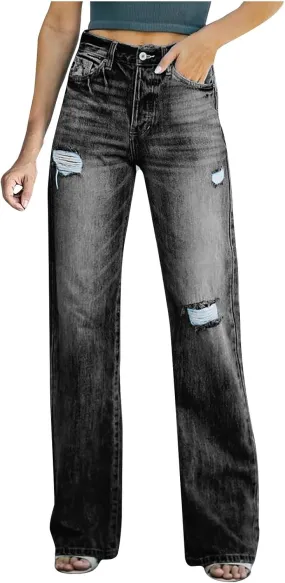 Women's Ripped Jeans High Waist Relaxed Fit Jeans Distressed Wide Leg Denim Pants Loose Boyfriends Baggy Trouser