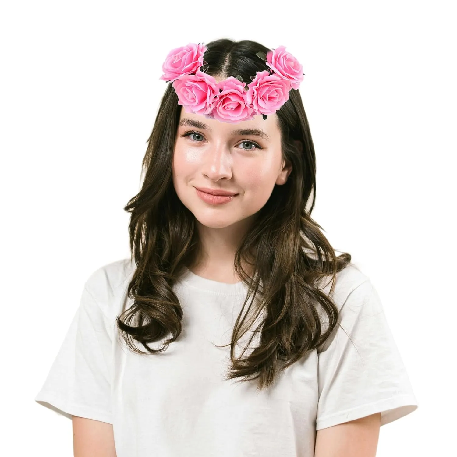 Women's Rose Flower Crown Wedding Festival Floral Crown Hawaiian Luau Flower Headband for Party Festivals Photo Props (PINK)
