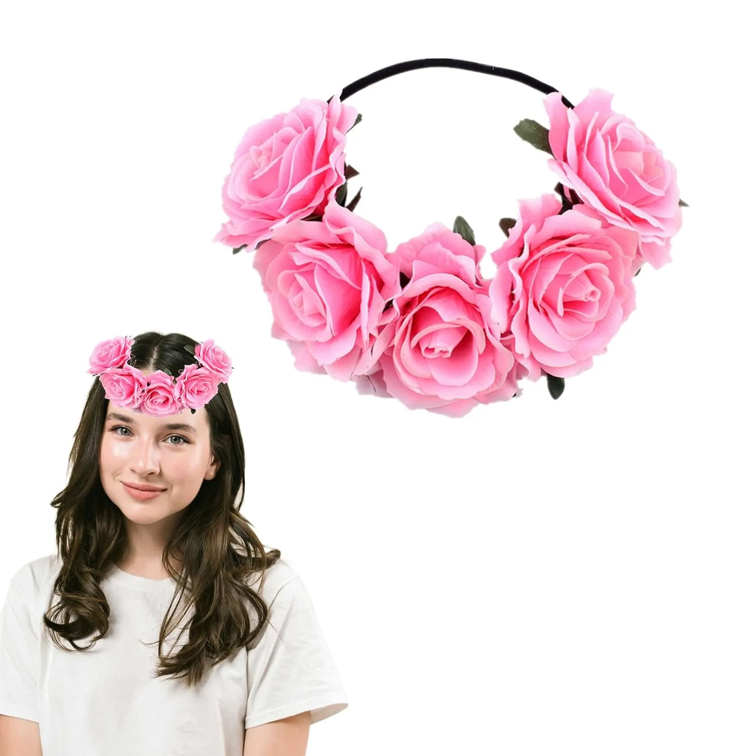 Women's Rose Flower Crown Wedding Festival Floral Crown Hawaiian Luau Flower Headband for Party Festivals Photo Props (PINK)