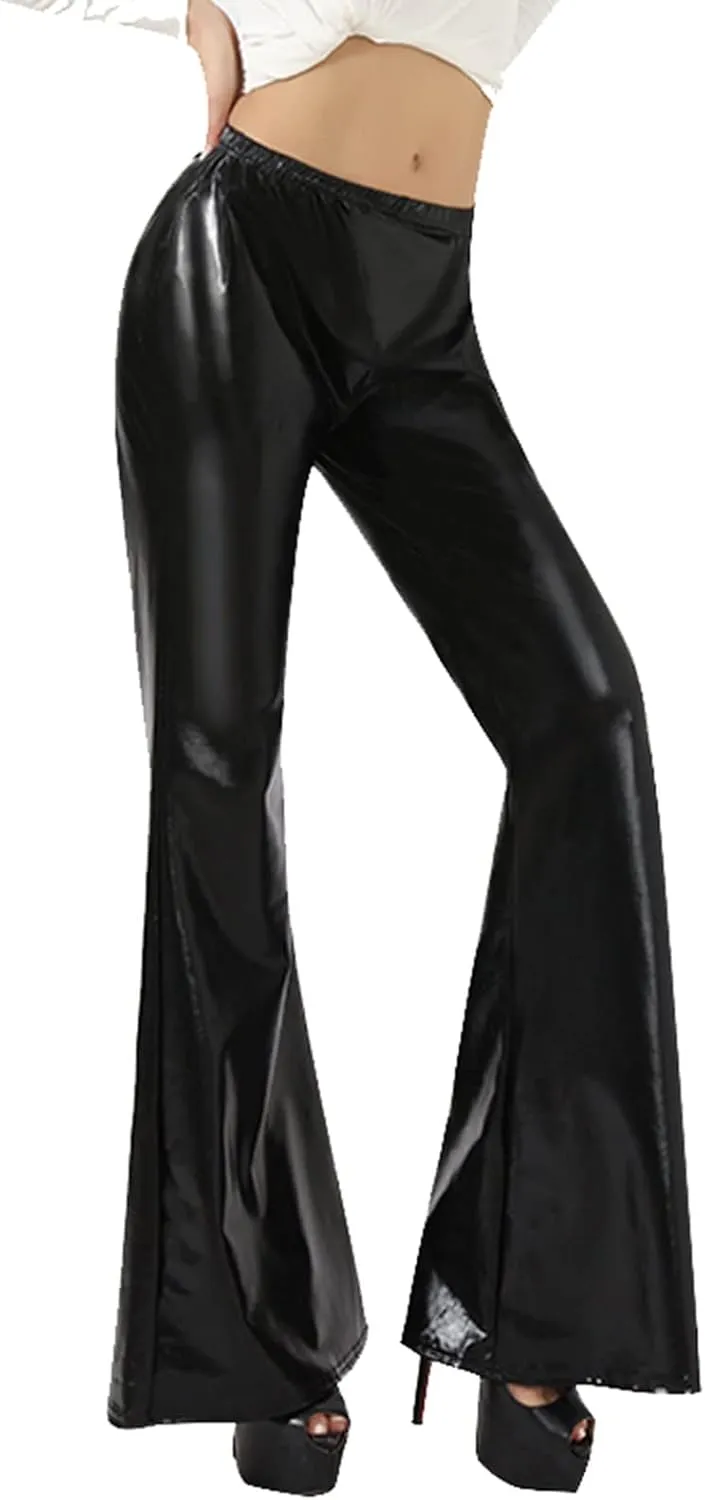 Women's Shiny Metallic Flared Pants Bell Bottom Bootcut Dance Trousers Stretchy Trendy Sexy Skinny Club Wear Pants