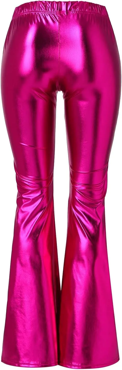 Women's Shiny Metallic Flared Pants Bell Bottom Bootcut Dance Trousers Stretchy Trendy Sexy Skinny Club Wear Pants