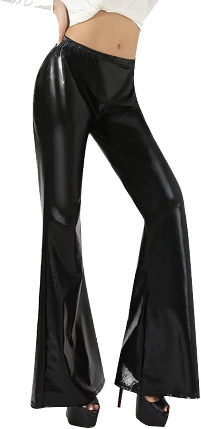 Women's Shiny Metallic Flared Pants Bell Bottom Bootcut Dance Trousers Stretchy Trendy Sexy Skinny Club Wear Pants