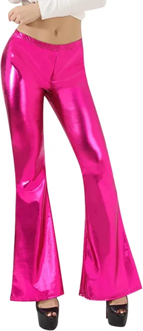Women's Shiny Metallic Flared Pants Bell Bottom Bootcut Dance Trousers Stretchy Trendy Sexy Skinny Club Wear Pants