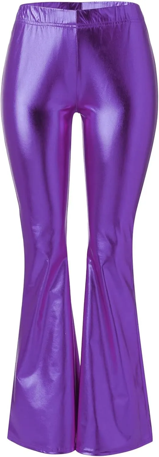 Women's Shiny Metallic Flared Pants Bell Bottom Bootcut Dance Trousers Stretchy Trendy Sexy Skinny Club Wear Pants
