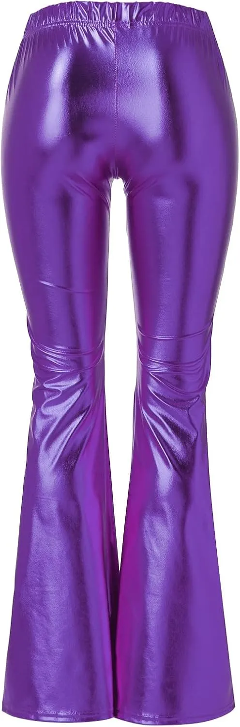 Women's Shiny Metallic Flared Pants Bell Bottom Bootcut Dance Trousers Stretchy Trendy Sexy Skinny Club Wear Pants