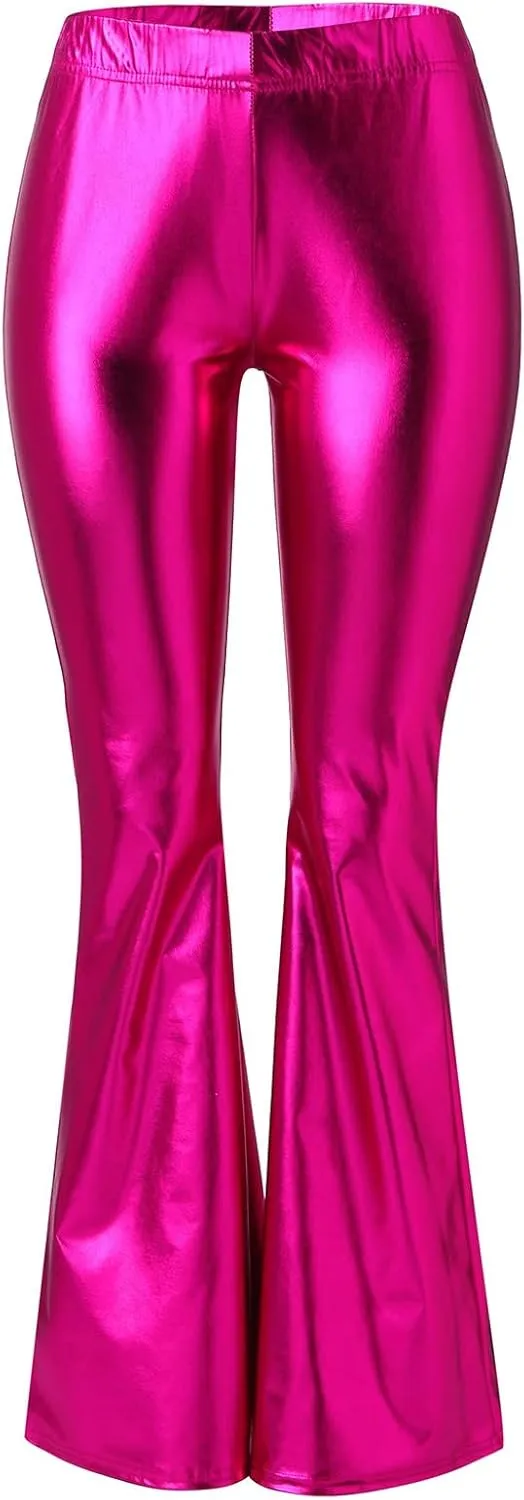 Women's Shiny Metallic Flared Pants Bell Bottom Bootcut Dance Trousers Stretchy Trendy Sexy Skinny Club Wear Pants