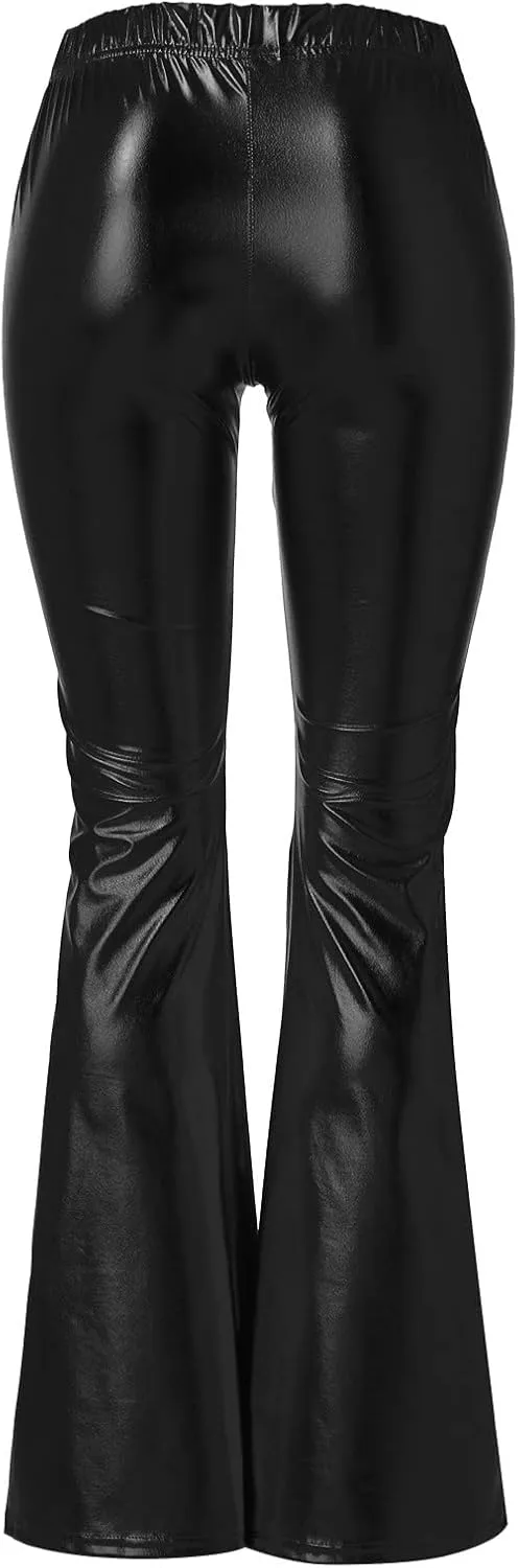 Women's Shiny Metallic Flared Pants Bell Bottom Bootcut Dance Trousers Stretchy Trendy Sexy Skinny Club Wear Pants