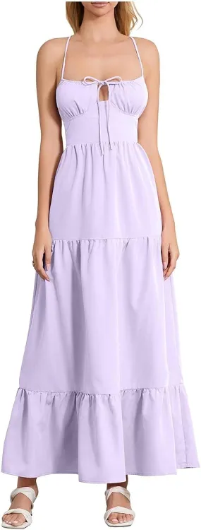 Women's Spaghetti Strap Maxi Dress Summer Sleeveless Dress Casual Boho Backless Flowy Criss Cross Split Cami Dresses