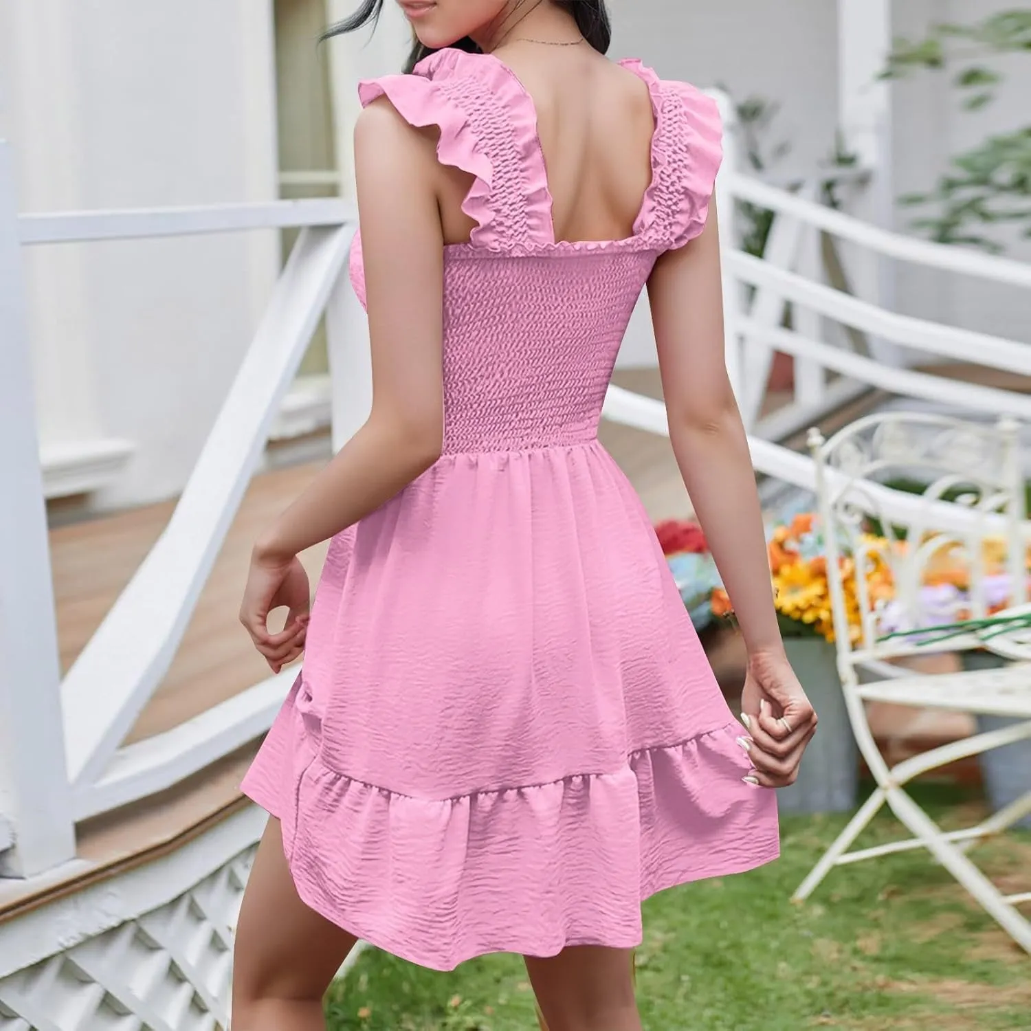 Womens Summer Casual Sleeveless Dresses Square Neck 2024 Trendy Beach Sundress Smocked Ruffle Backless Boho Mini Dress