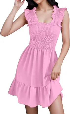 Womens Summer Casual Sleeveless Dresses Square Neck 2024 Trendy Beach Sundress Smocked Ruffle Backless Boho Mini Dress