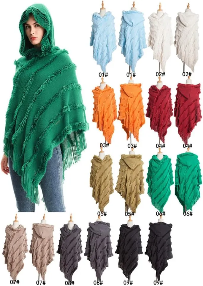 Women's Travel Shawl Wrap Poncho Cape for Fall Winter Hooded Cloak Solid Poncho with Tassels