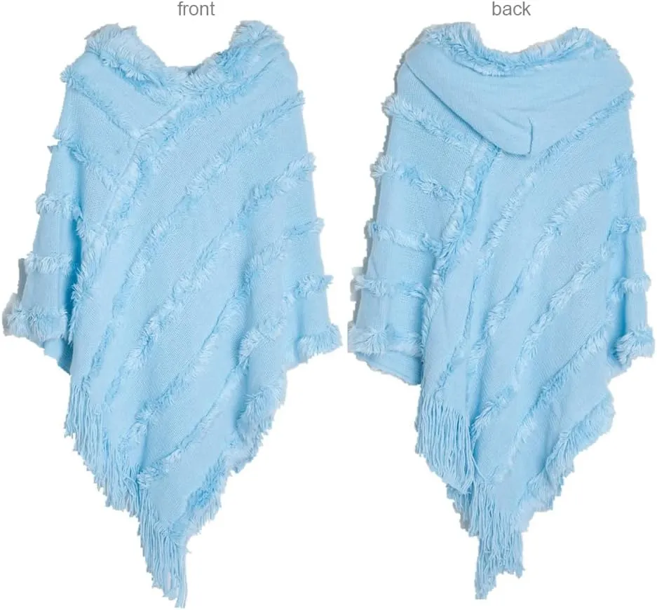 Women's Travel Shawl Wrap Poncho Cape for Fall Winter Hooded Cloak Solid Poncho with Tassels