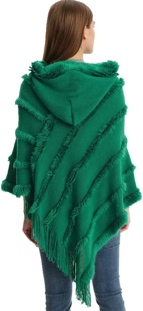 Women's Travel Shawl Wrap Poncho Cape for Fall Winter Hooded Cloak Solid Poncho with Tassels