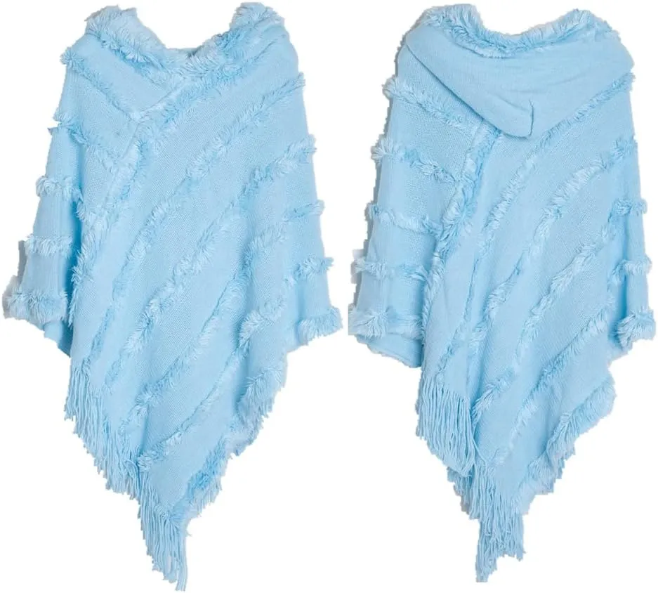 Women's Travel Shawl Wrap Poncho Cape for Fall Winter Hooded Cloak Solid Poncho with Tassels