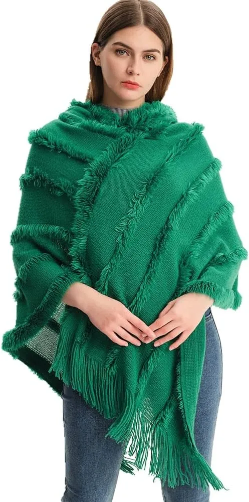 Women's Travel Shawl Wrap Poncho Cape for Fall Winter Hooded Cloak Solid Poncho with Tassels