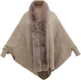 Women's Winter Poncho Cape Open Front Cardigan Jacket with Faux Fur Trim Long Sleeve Warm Shawl Wraps Knit Cape Cloak
