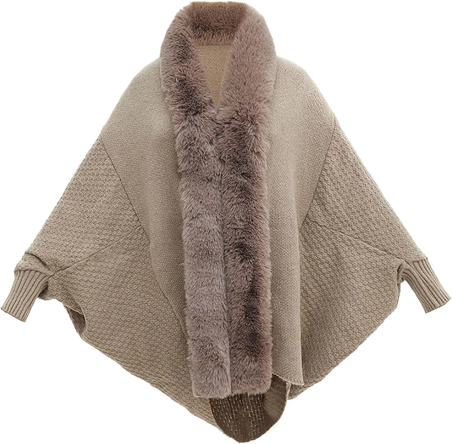 Women's Winter Poncho Cape Open Front Cardigan Jacket with Faux Fur Trim Long Sleeve Warm Shawl Wraps Knit Cape Cloak