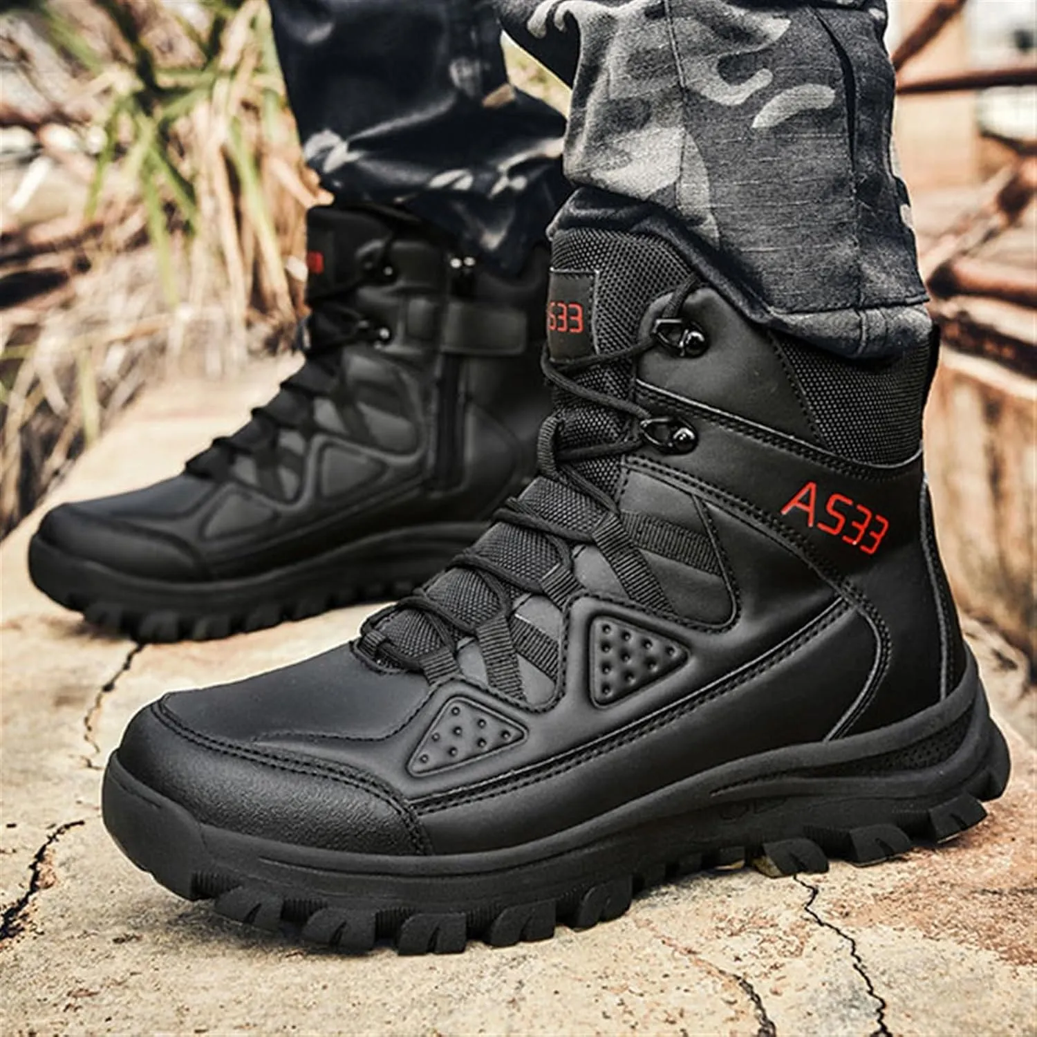 Wygwlg Men's Hiking Boots, Men Plus Size High Top Side Zipper Breathable Combat Work Boots, Comfortable and Water Resistant Work Boots, for Hiking, Motorcycle, Climbing, Army Training