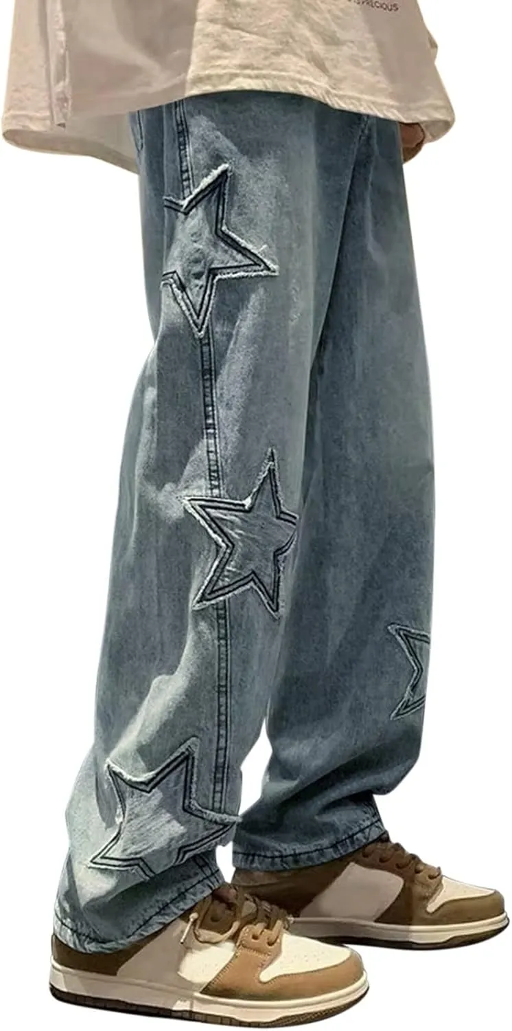 Y2k Denim Jeans Mens Aesthetic Baggy Hip Hop Star Pants Y2K Streetwear Printed Denim Baggy Gothic Y2k Fashion Jeans Trousers