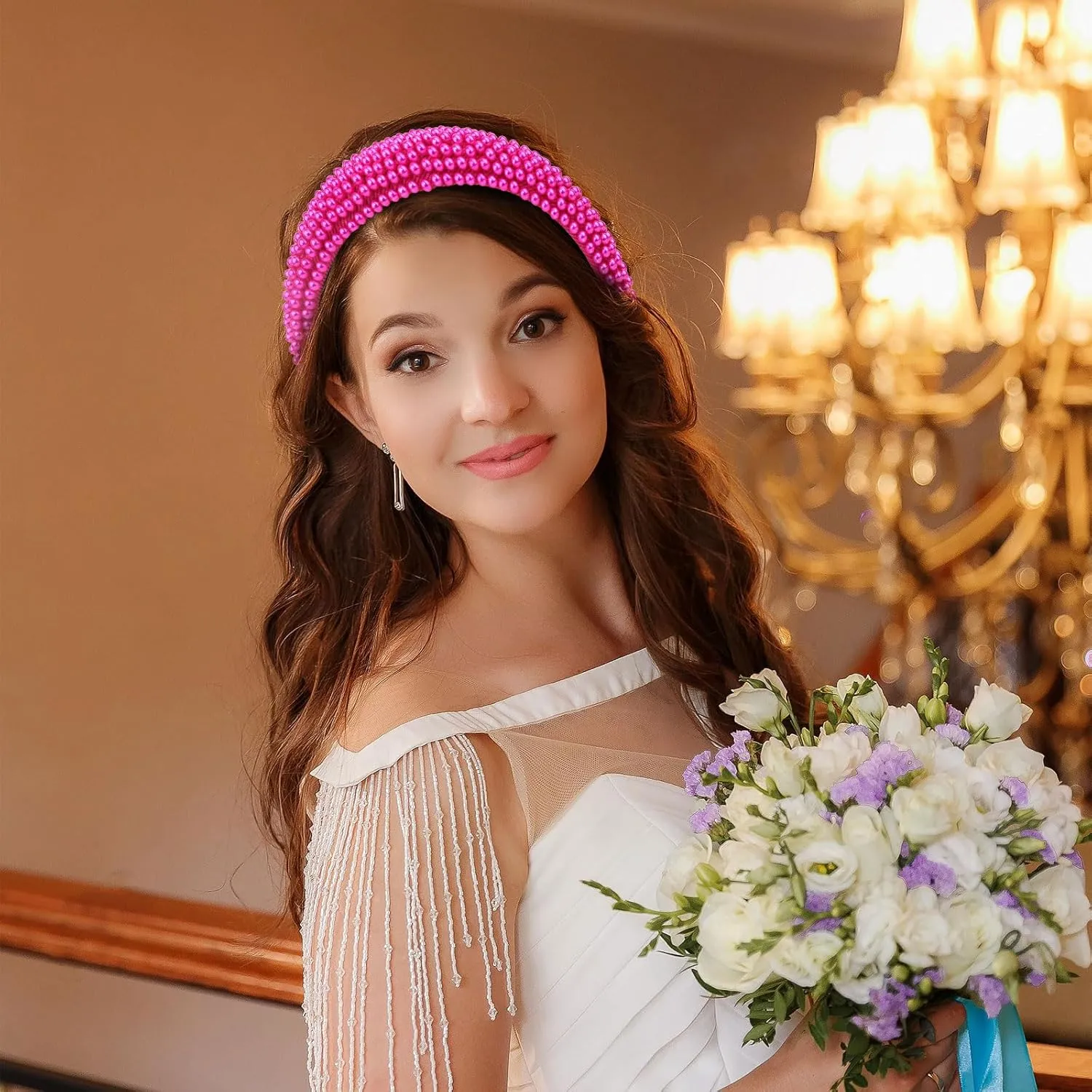 YISSION Hot Pink Pearl Headband for Women Non Slip Jeweled Head Band Sparkly Beaded Hairband Fashion Padded Headbands for Women Wedding Bridal Headband Hair Accessories for Women Girls