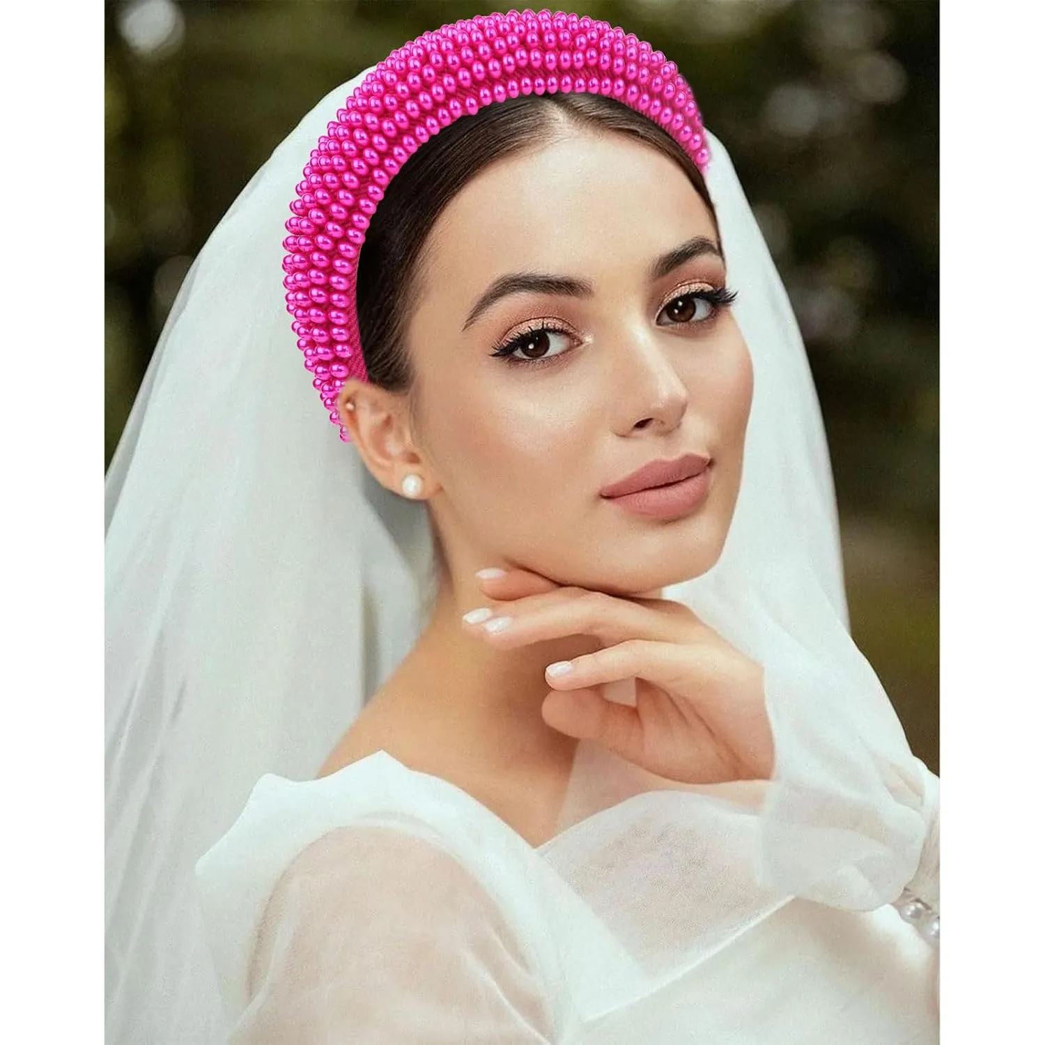 YISSION Hot Pink Pearl Headband for Women Non Slip Jeweled Head Band Sparkly Beaded Hairband Fashion Padded Headbands for Women Wedding Bridal Headband Hair Accessories for Women Girls