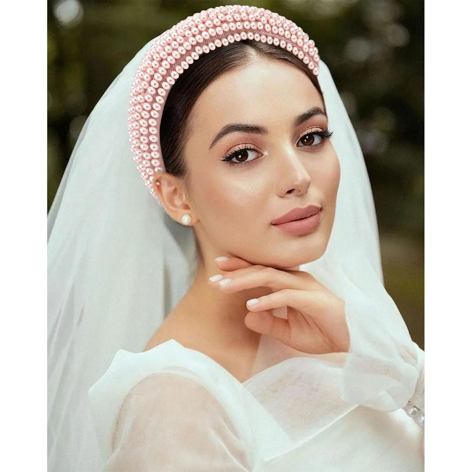 YISSION Pink Pearl Headband for Women Non Slip Jeweled Head Band Sparkly Beaded Hairband Fashion Padded Headbands for Women Wedding Bridal Headband Hair Accessories for Women Girls